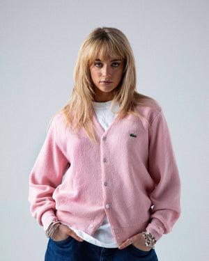 Marcie wearing our Lacoste Izod baby pink cardigan 80's