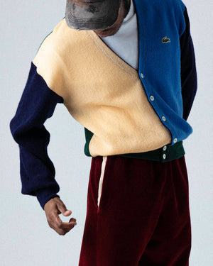 Oz wearing our Lacoste colour block cardigan 80's