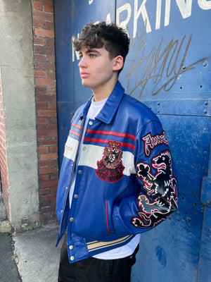 Cole LC wearing our Avirex blue New York Dragon leather jacket 1999
