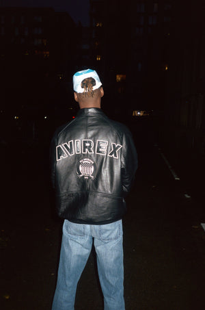 Ears wearing our archive Avirex jacket