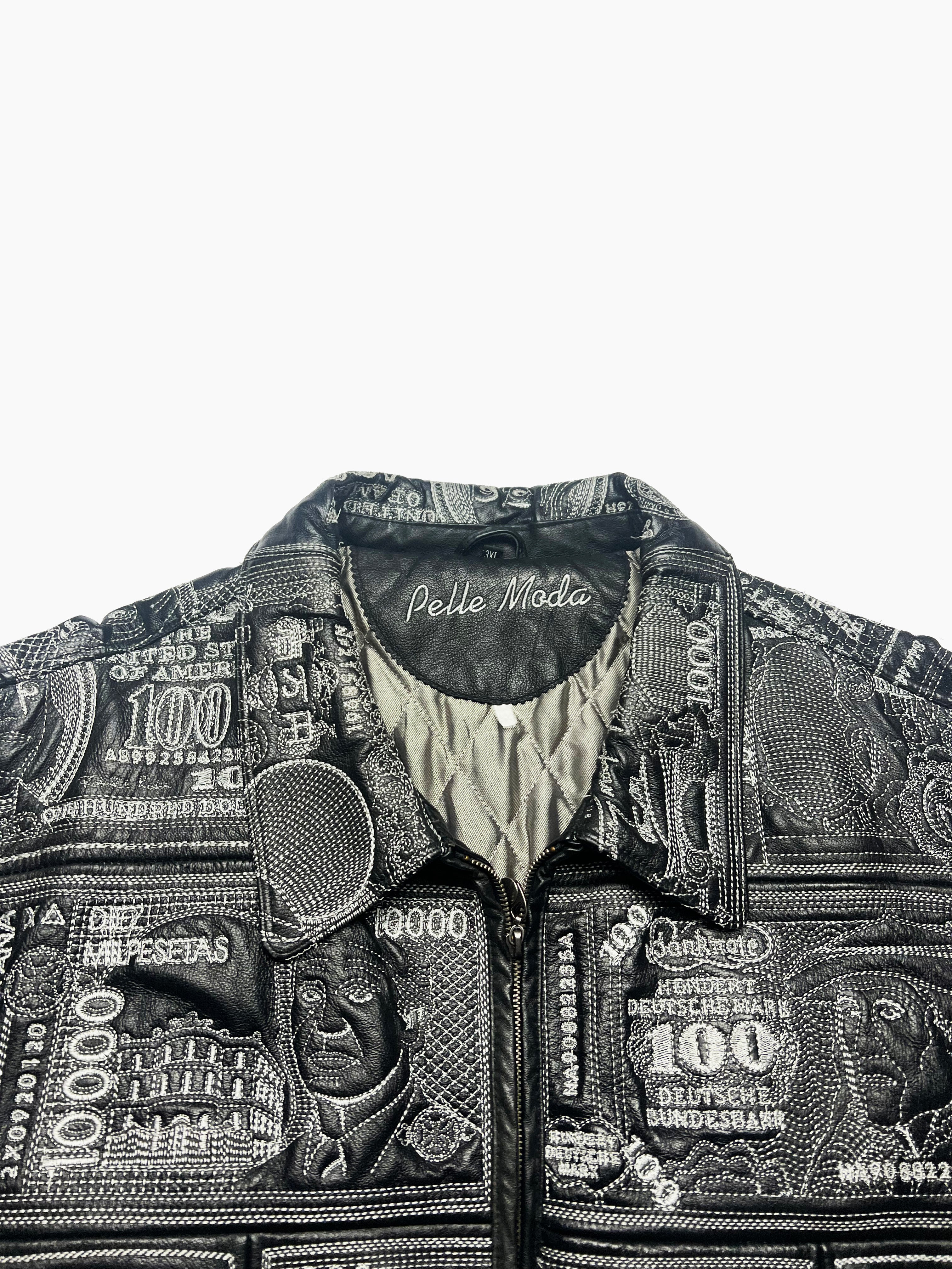 Pelle Pelle World Currency Embroidered Leather Jacket 90's